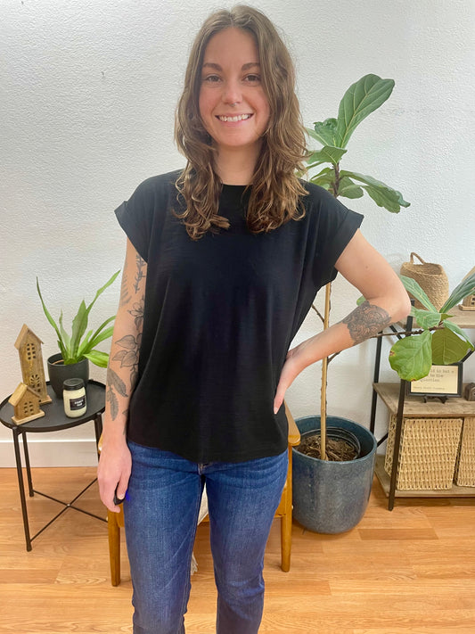 Black Rolled Sleeve Slub Tee - Terra Cottage