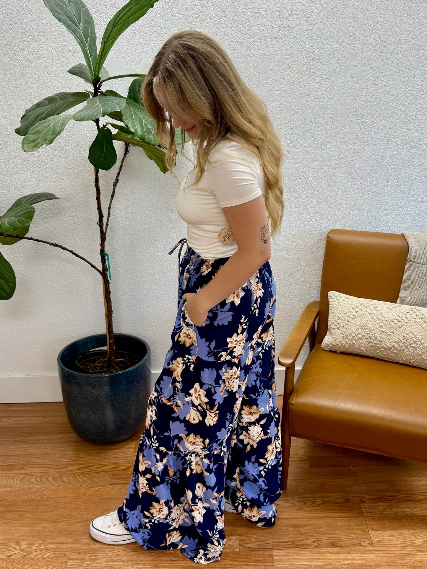 Navy Floral Wide Leg Pants