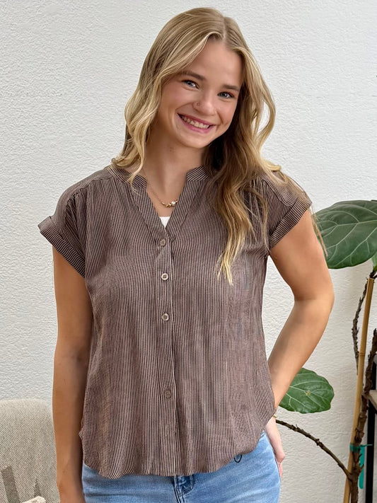 Mocha Pinstripe Button Down Top
