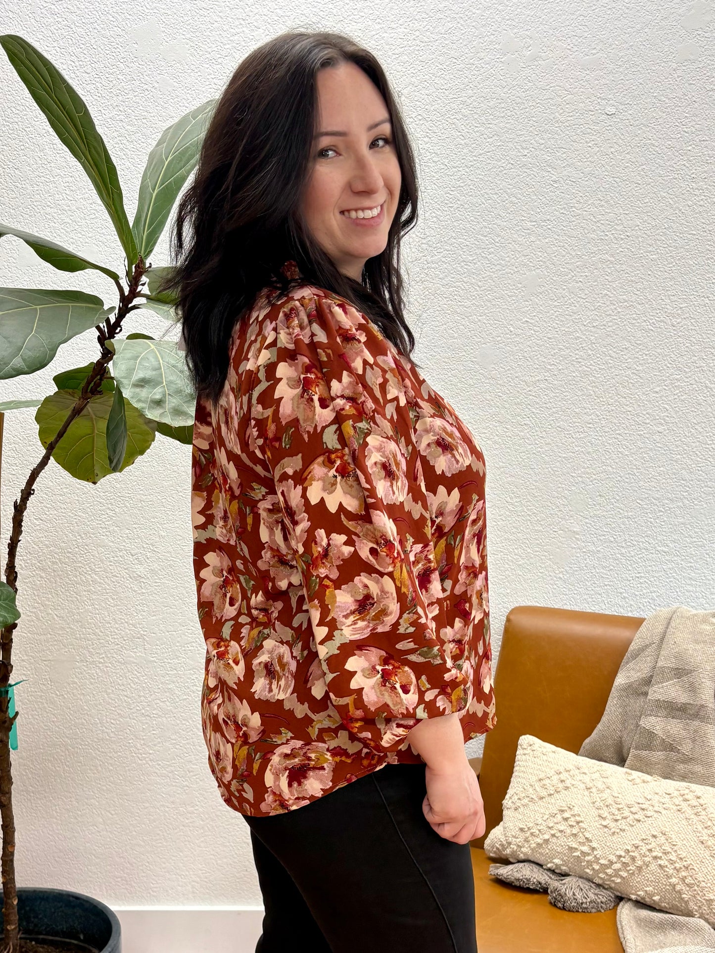 Rust Floral Ruffle Blouse
