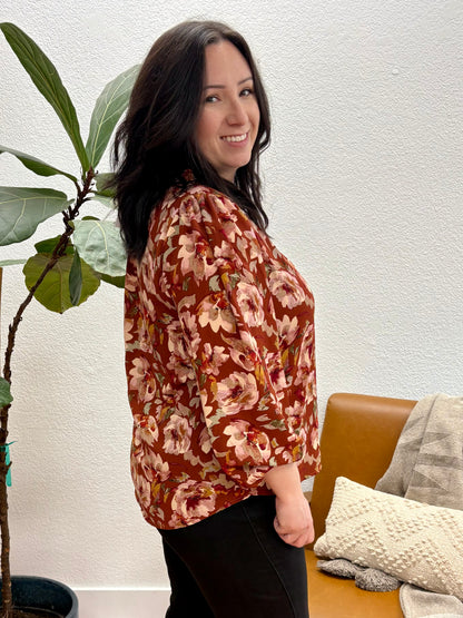 Rust Floral Ruffle Blouse