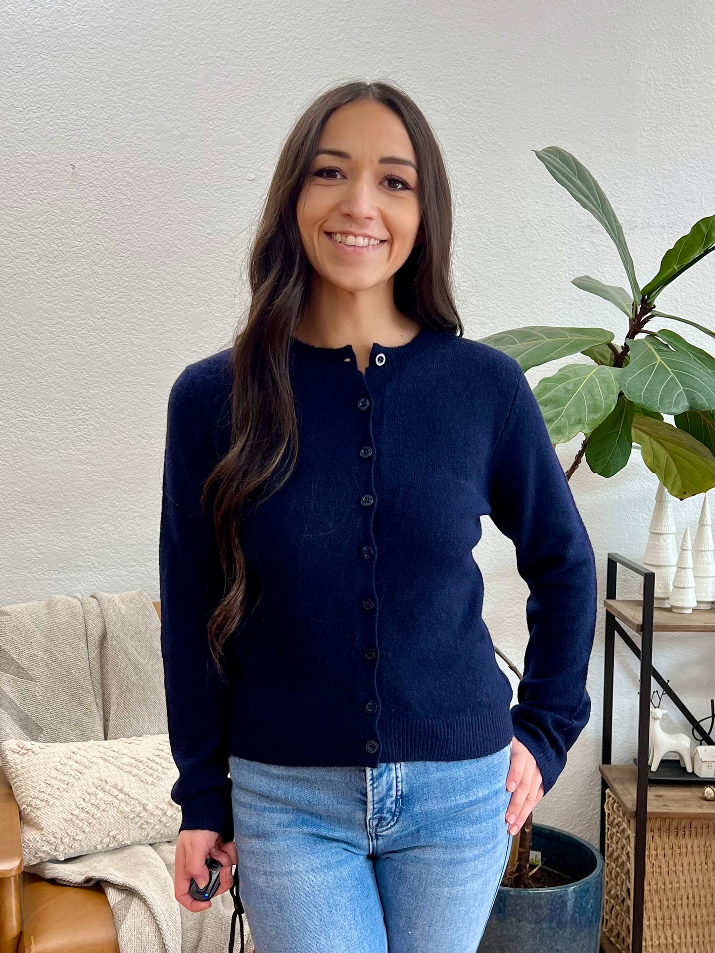 Navy Round Neck Button Down Cardigan