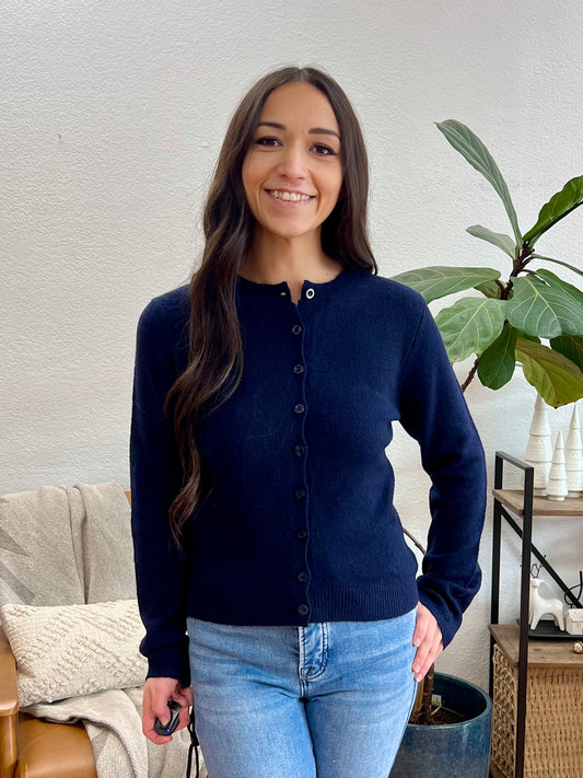Navy Round Neck Button Down Cardigan
