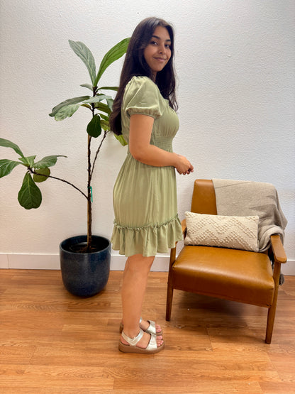 Light Olive Ruffle Trim Dress