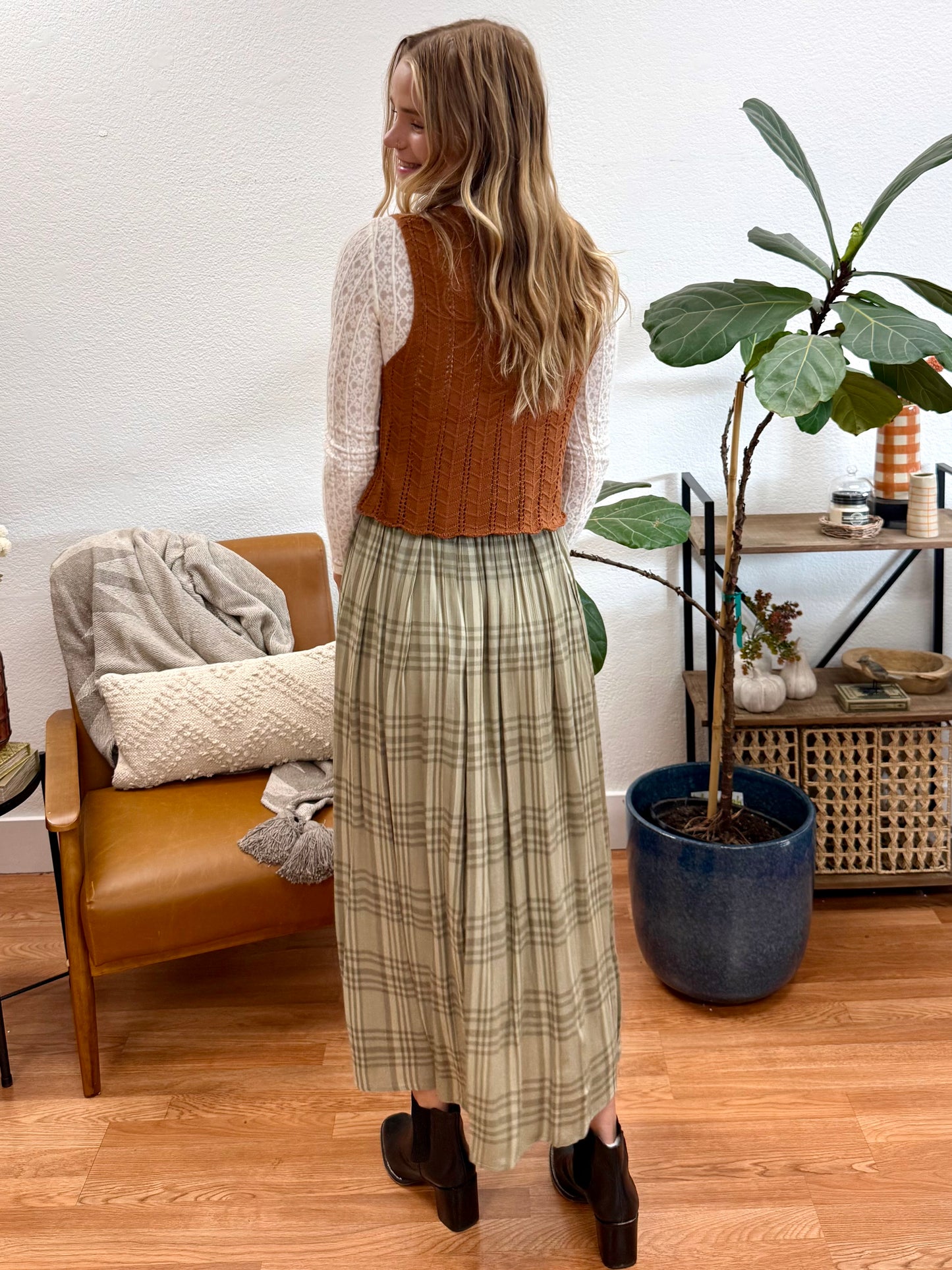Spruce Plaid Pleats Midi Skirt