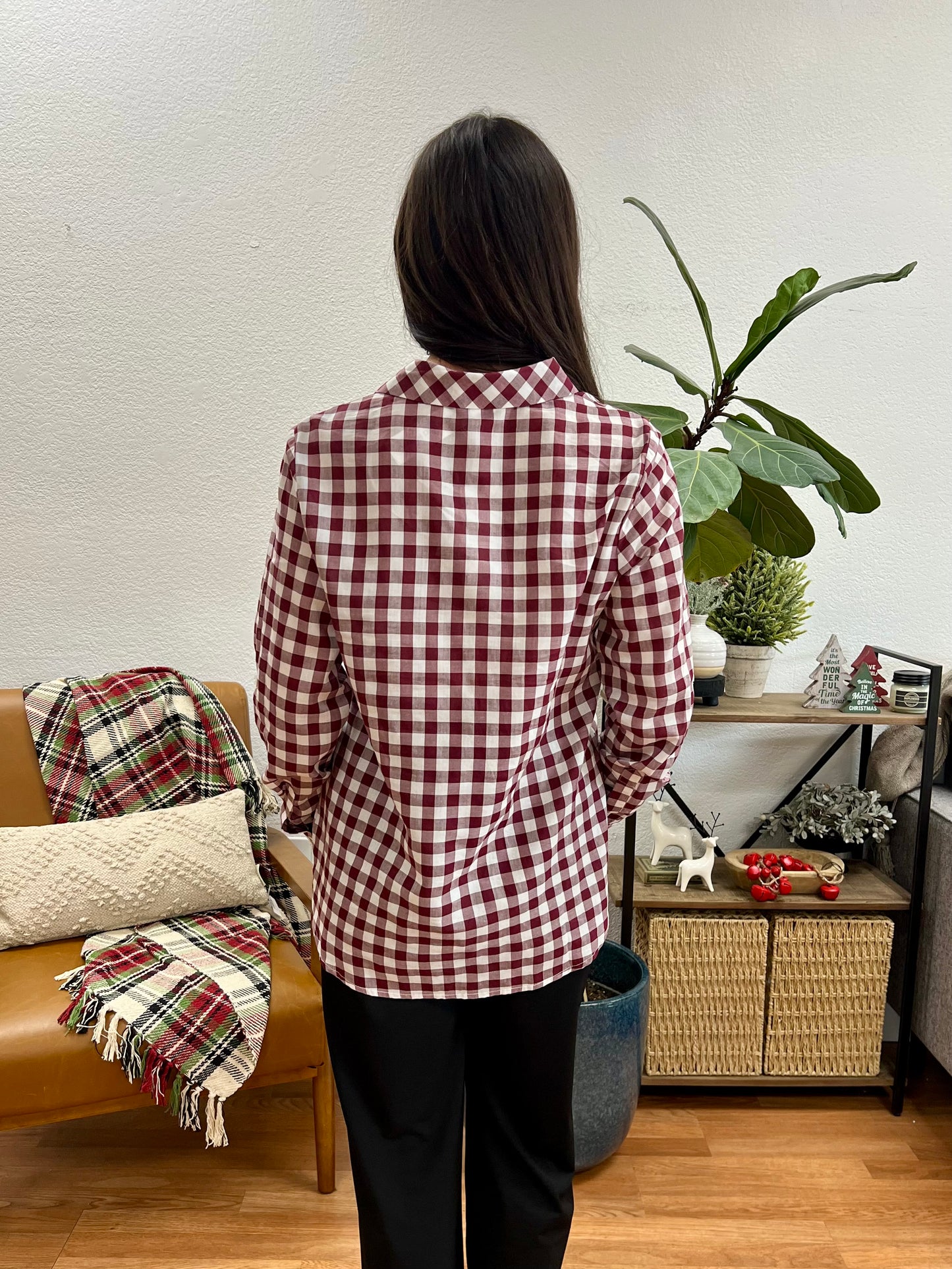 Burgundy Half Placket Gingham Shirt