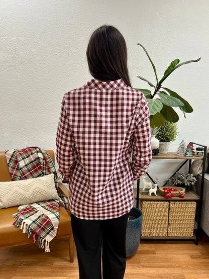 Burgundy Half Placket Gingham Shirt