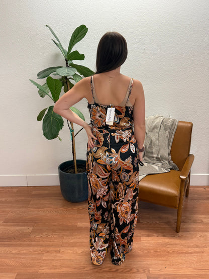 Black Print Surplice Jumpsuit