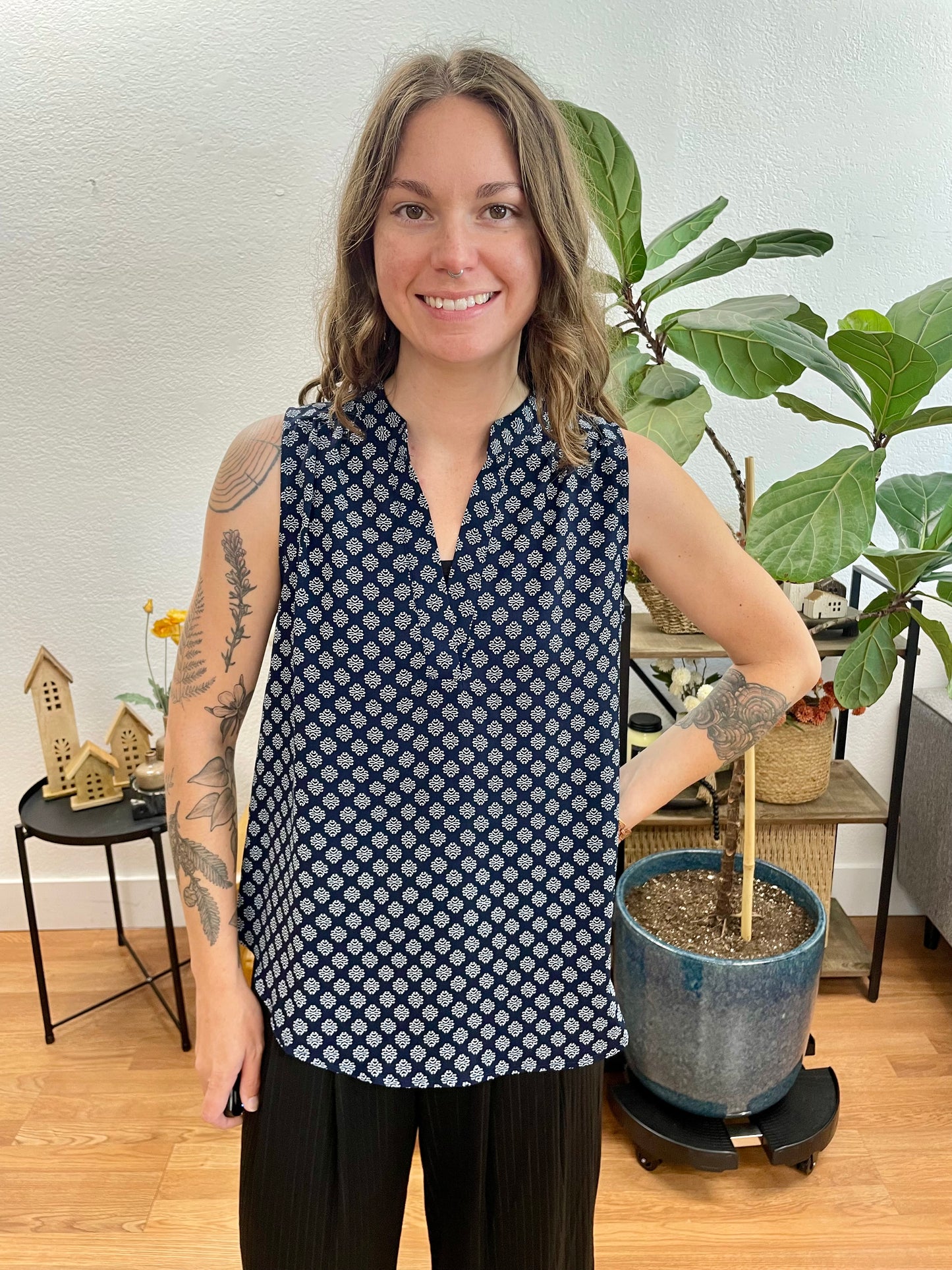 Navy Woven Notch Neck Sleeveless Top