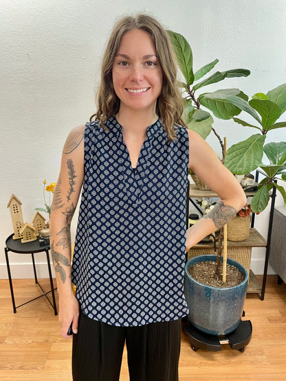 Navy Woven Notch Neck Sleeveless Top