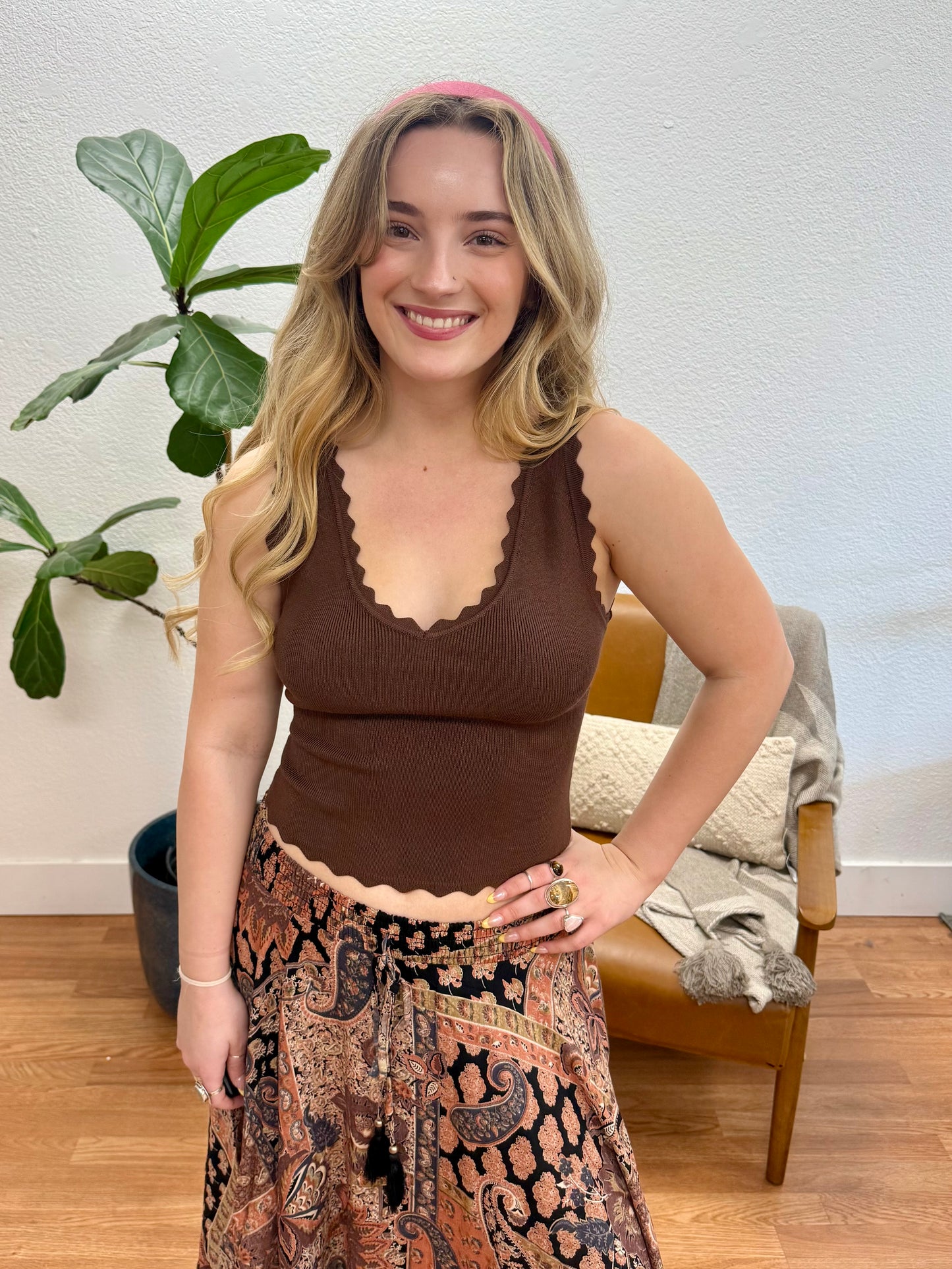 Brown Scallop Sweater Knit Crop Tank