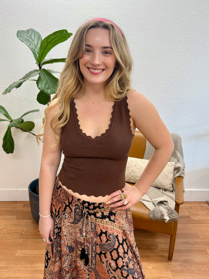 Brown Scallop Sweater Knit Crop Tank