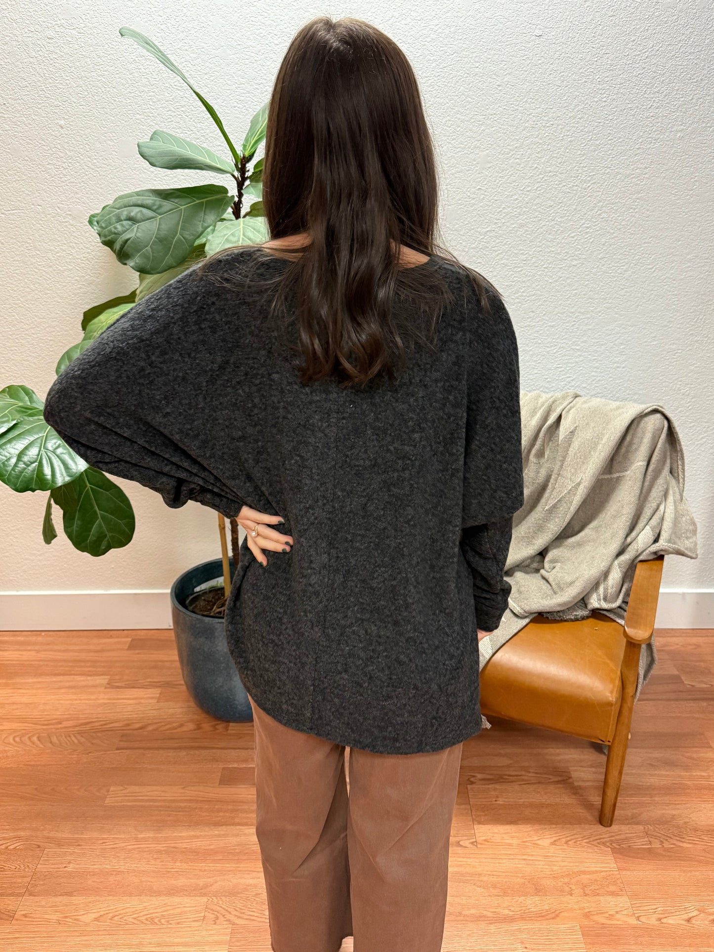 Black Brushed Hacci V-Neck Sweater