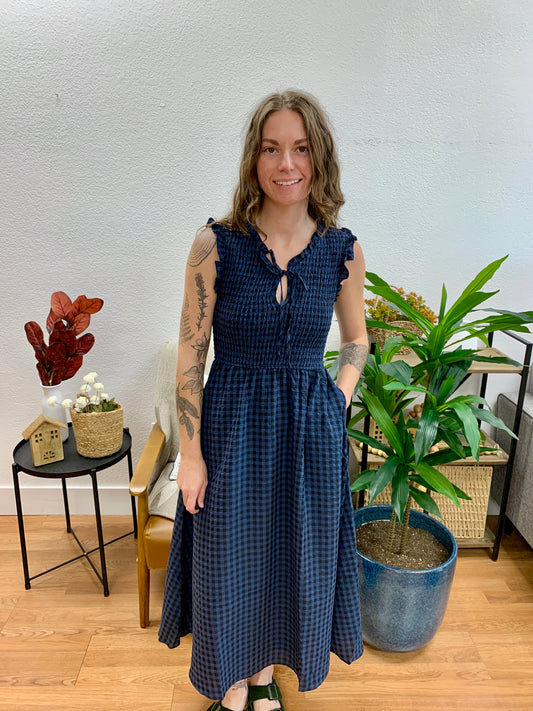 Navy Plaid V-Neck Midi Dress