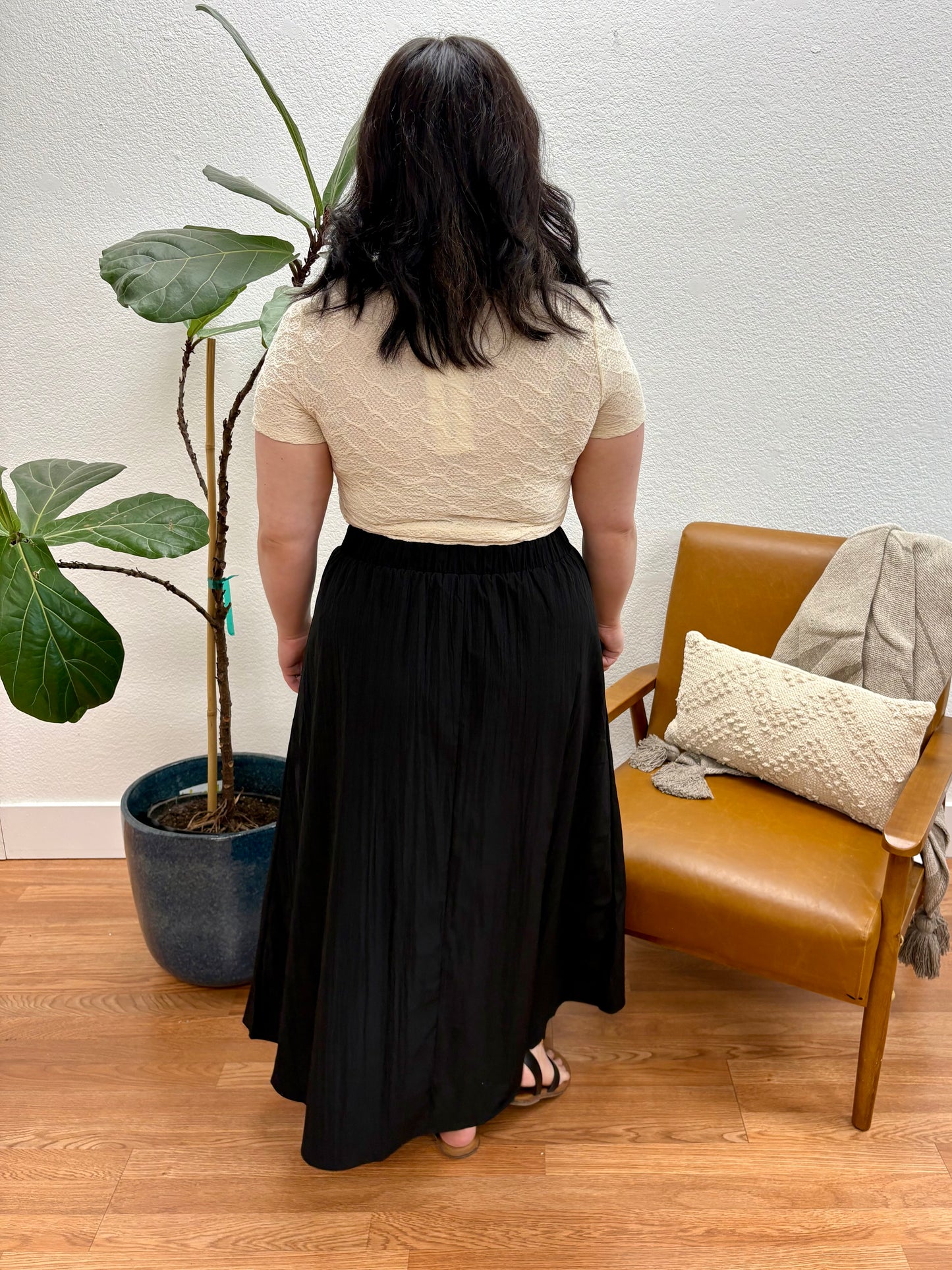 Black Drawstring Crinkle Maxi Skirt