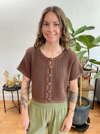Brown Crochet Short Sleeve Cardigan