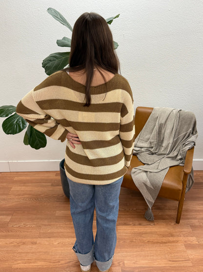 Taupe Boat Neck Stripe Pullover