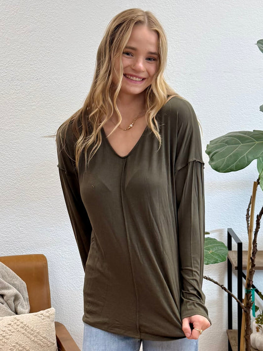 Olive Front Seam Cozy V Neck Tee