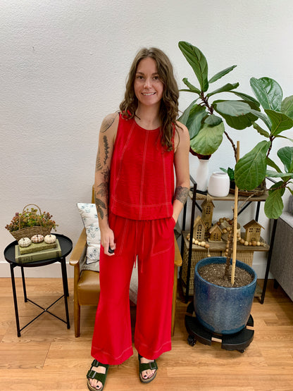 Red Contrast Stitch Pants