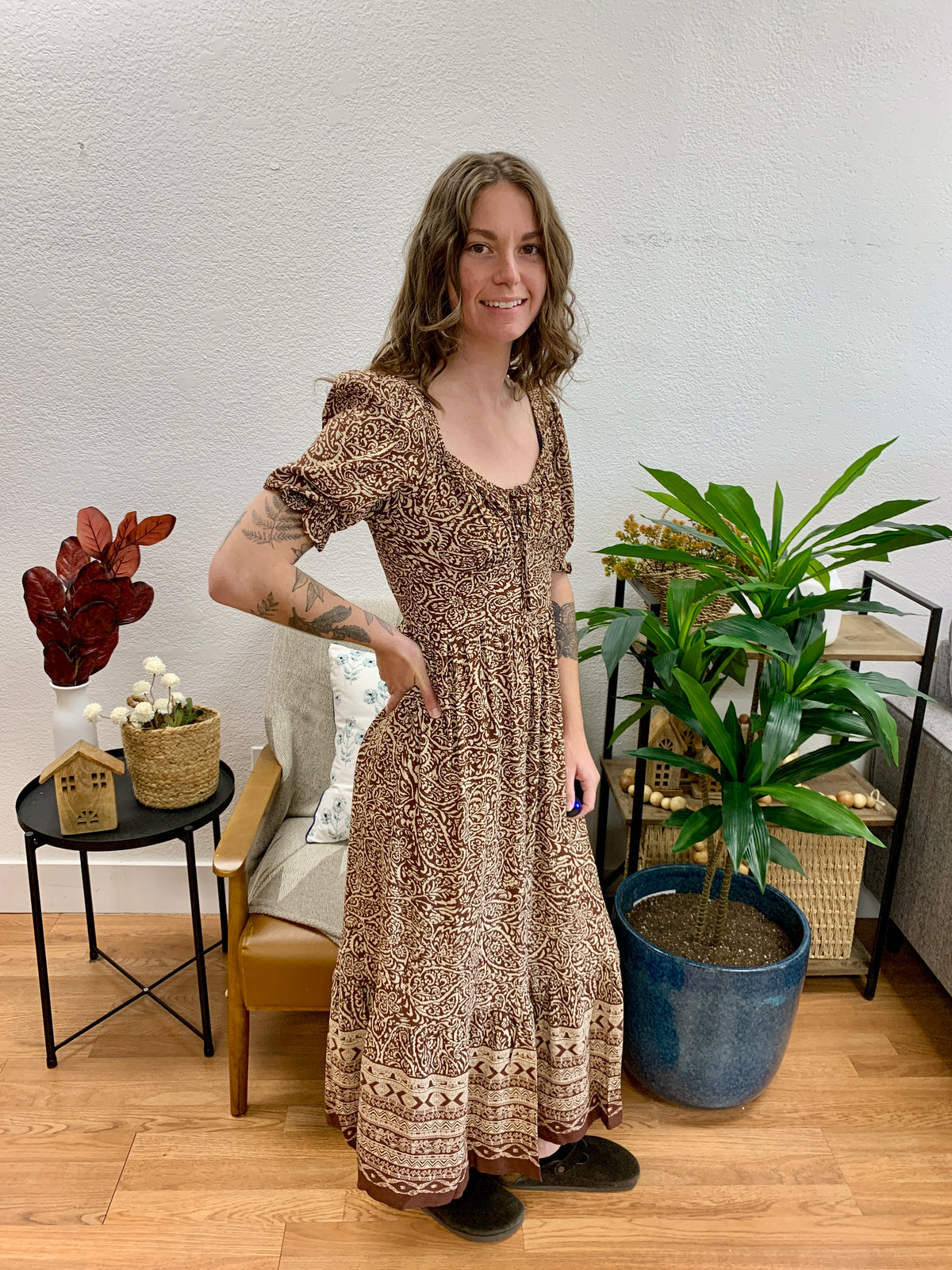 Brown Smocked Midi Dress