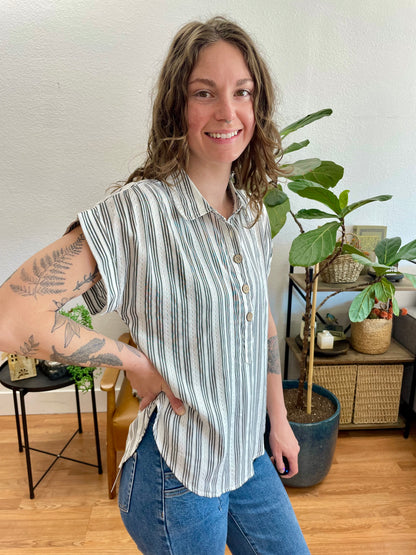 Black Striped half Button Collared top