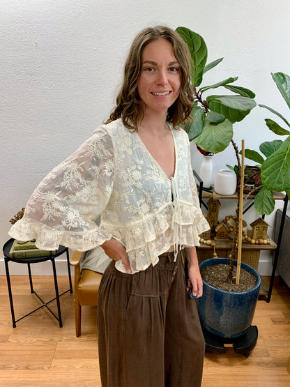 Cream Sheer Bell Sleeve Blouse