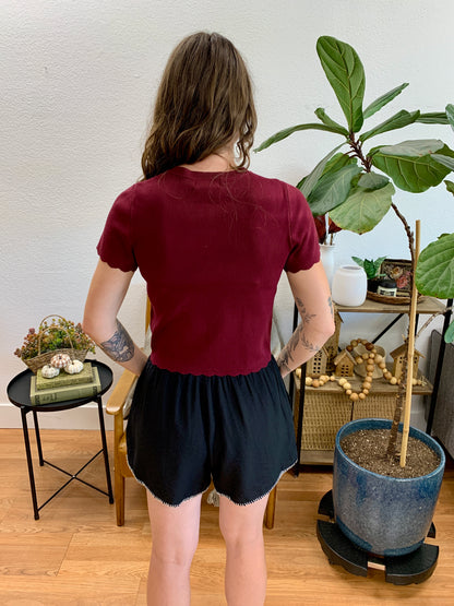 Burgundy Scalloped Short Sleeve Cardigan