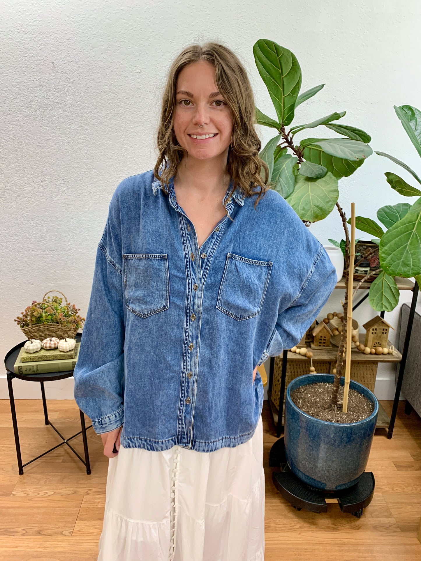 Washed Chambray Long Sleeve Top