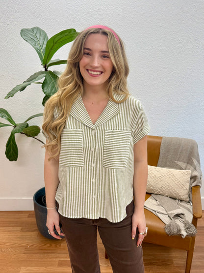 Olive Linen Striped Top