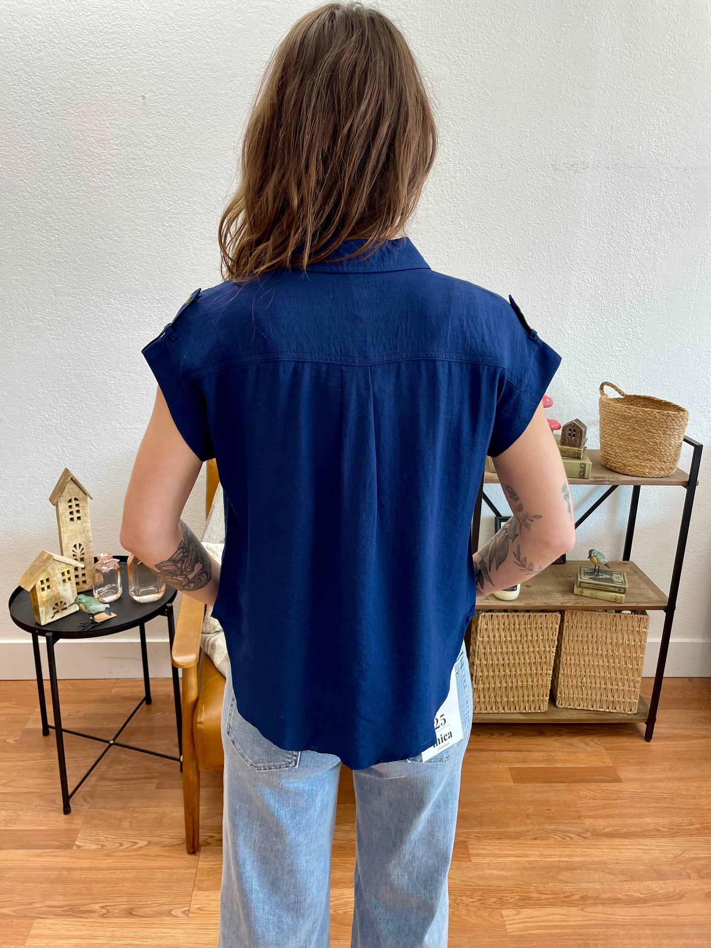 Navy Collared Tab Sleeve Top