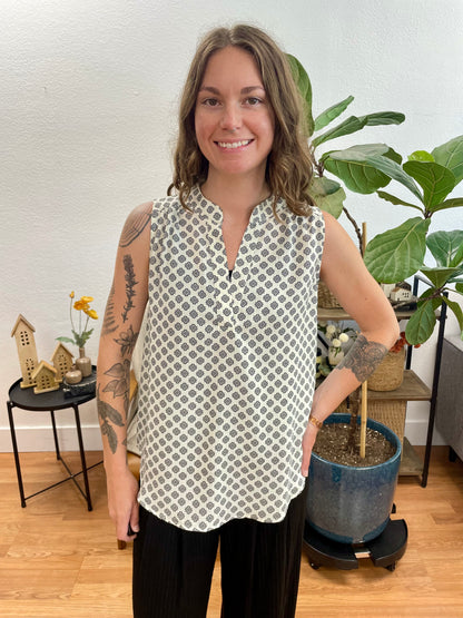 Ivory Woven Notch Neck Sleeveless Top