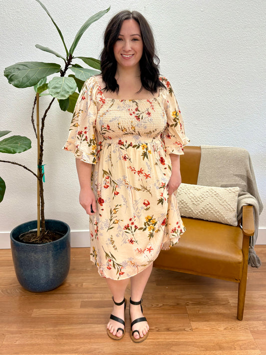 Cream Floral Square Neck Dress