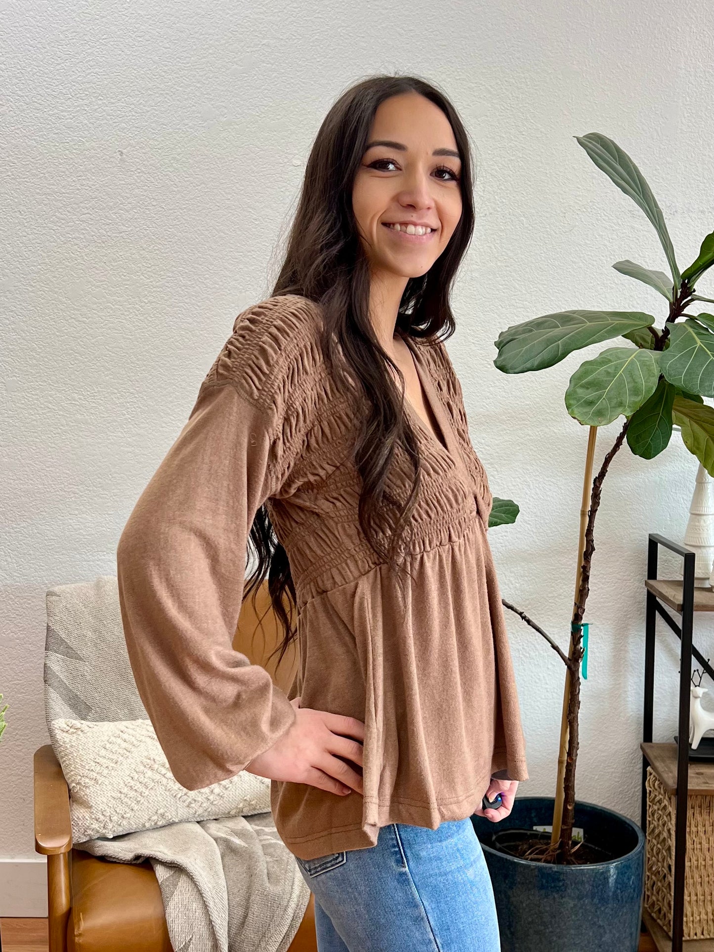 Taupe V Neck Babydoll Blouse