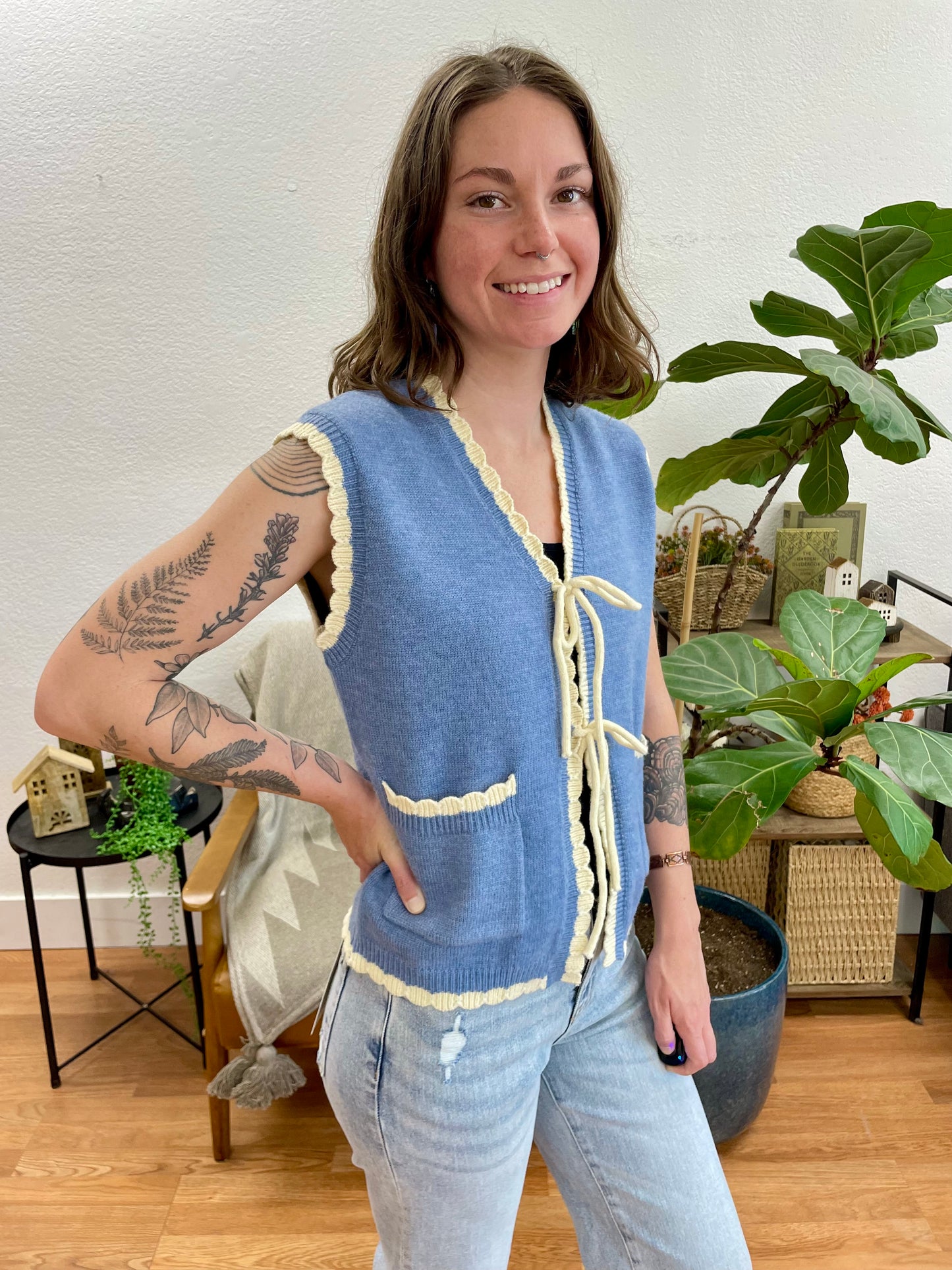 Blue Scallop Trim Tie Vest