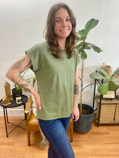 Olive Rolled Sleeve Slub Tee - Terra Cottage