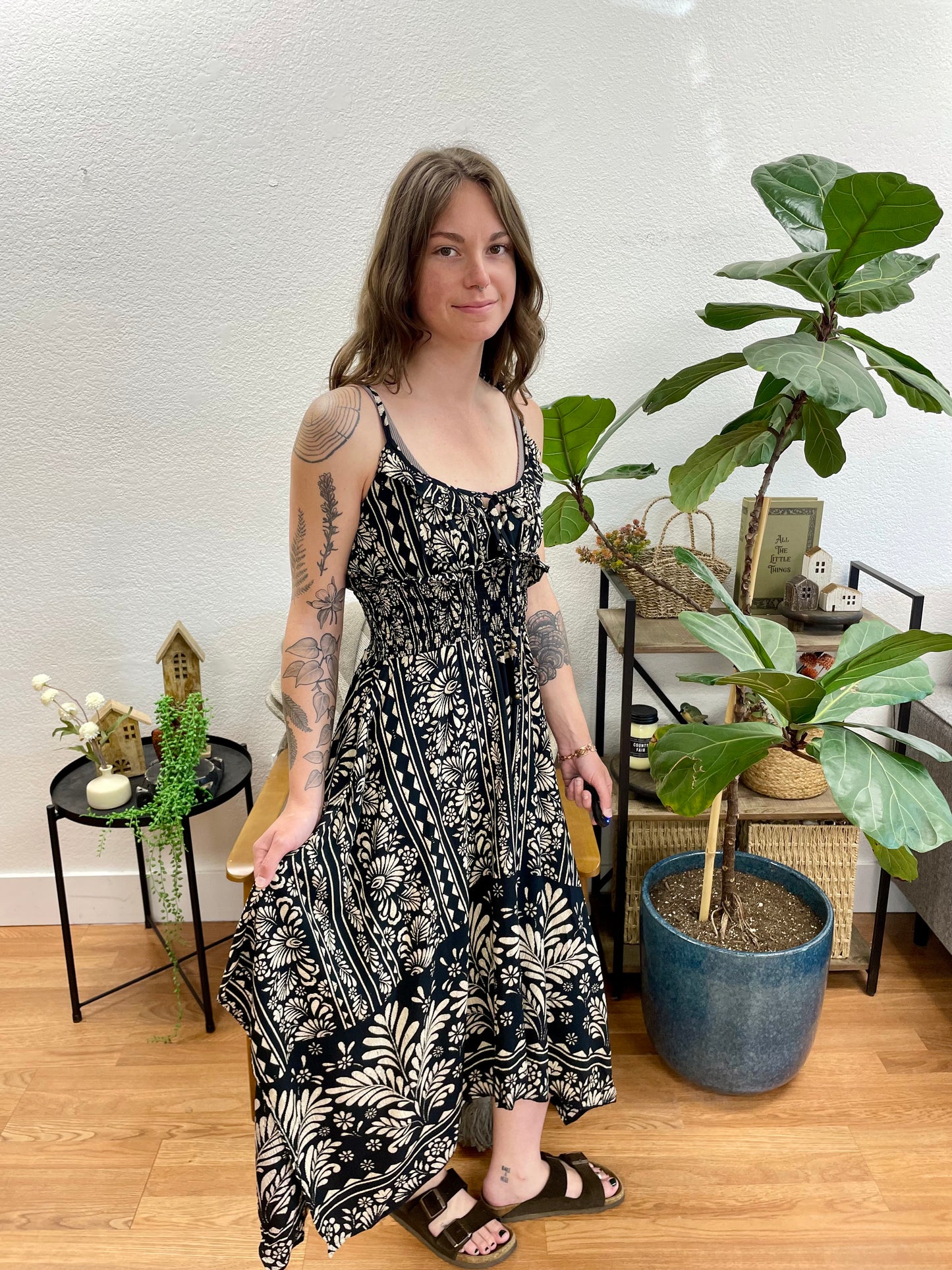 Black Scoop Neck Hanky Hem Dress