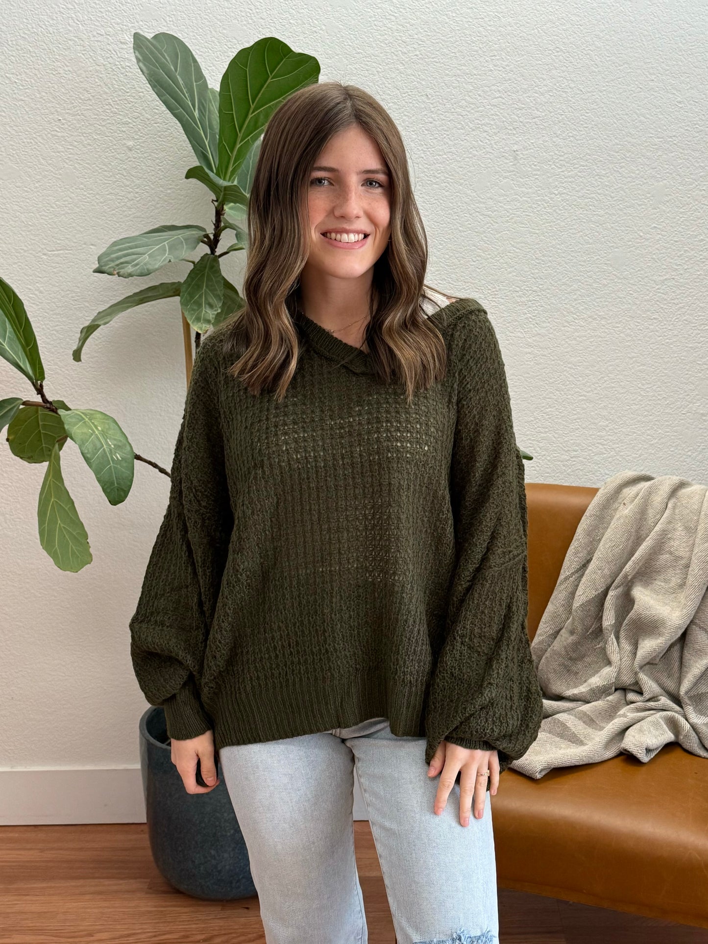 Olive V-Neck Knit Pullover