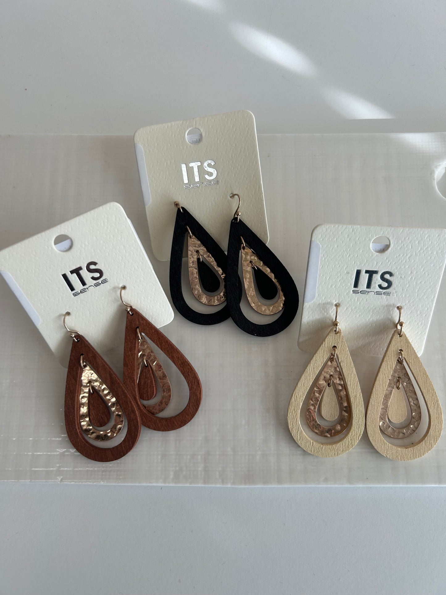 Layered Wood & Metallic Tear Drop Earrings