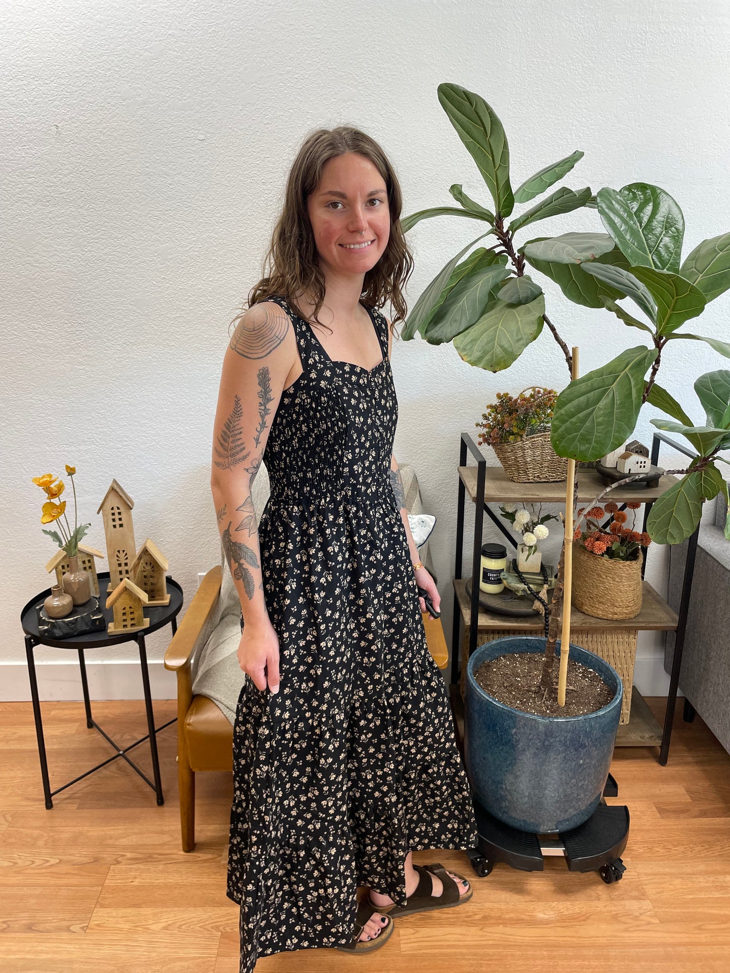 Black Tiered Smock Floral Maxi Dress