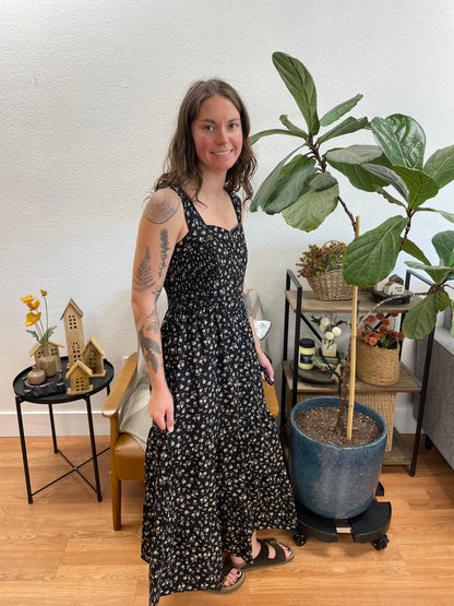 Black Tiered Smock Floral Maxi Dress