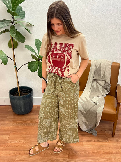 Olive Paisley Belted Paperbag Crop Pants