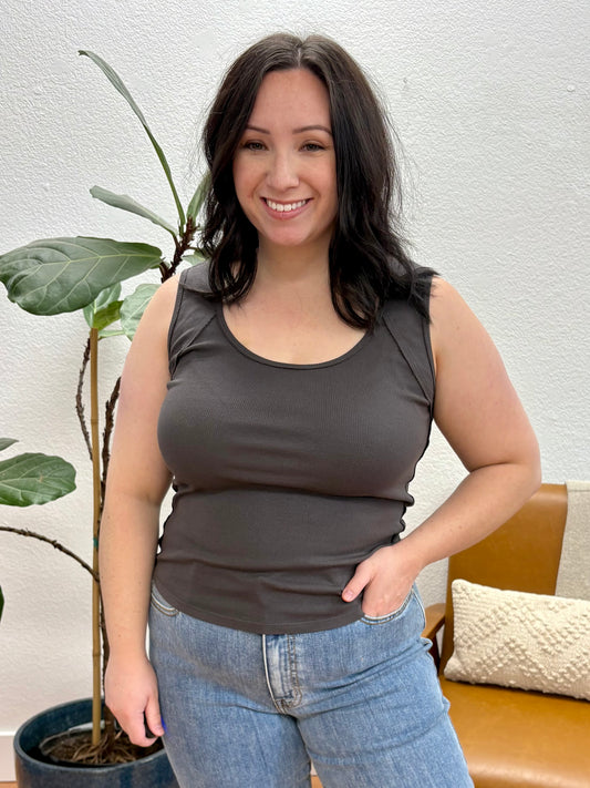 Charcoal Ribbed Raw Seam Tank