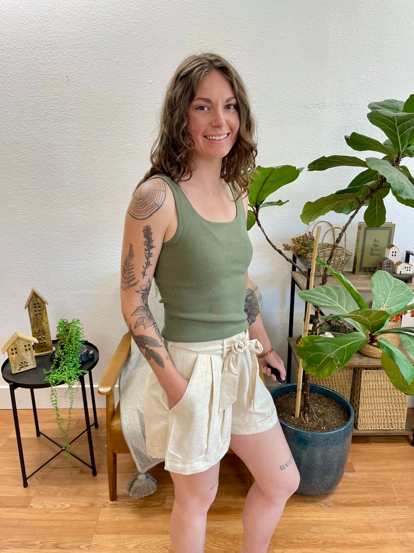 Taupe Linen Tie Front Shorts
