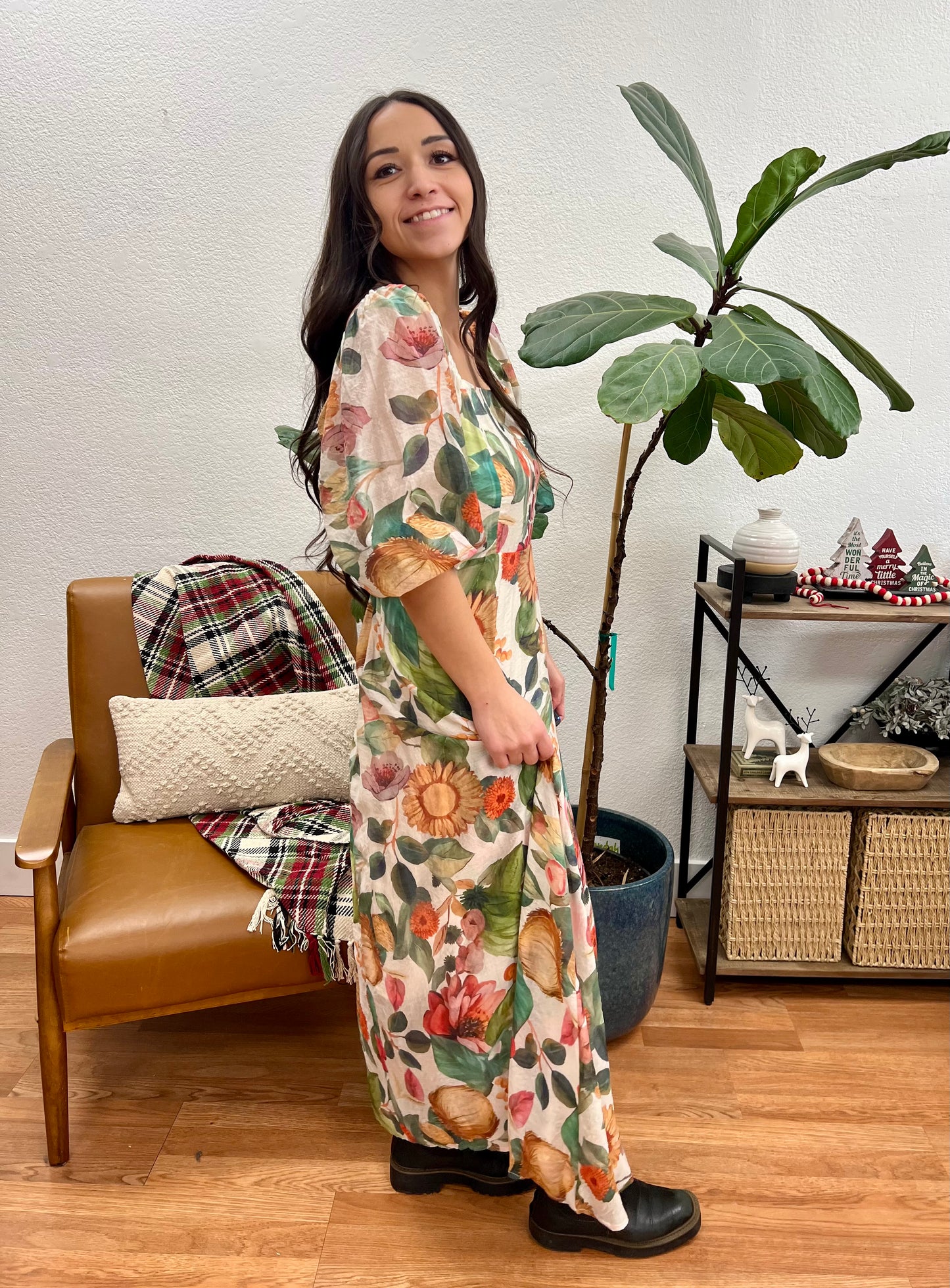 Moss Green Floral Midi Dress