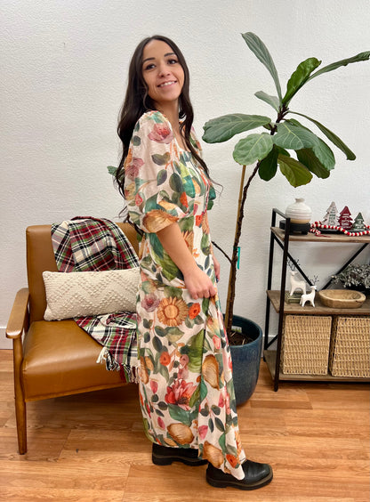 Moss Green Floral Midi Dress