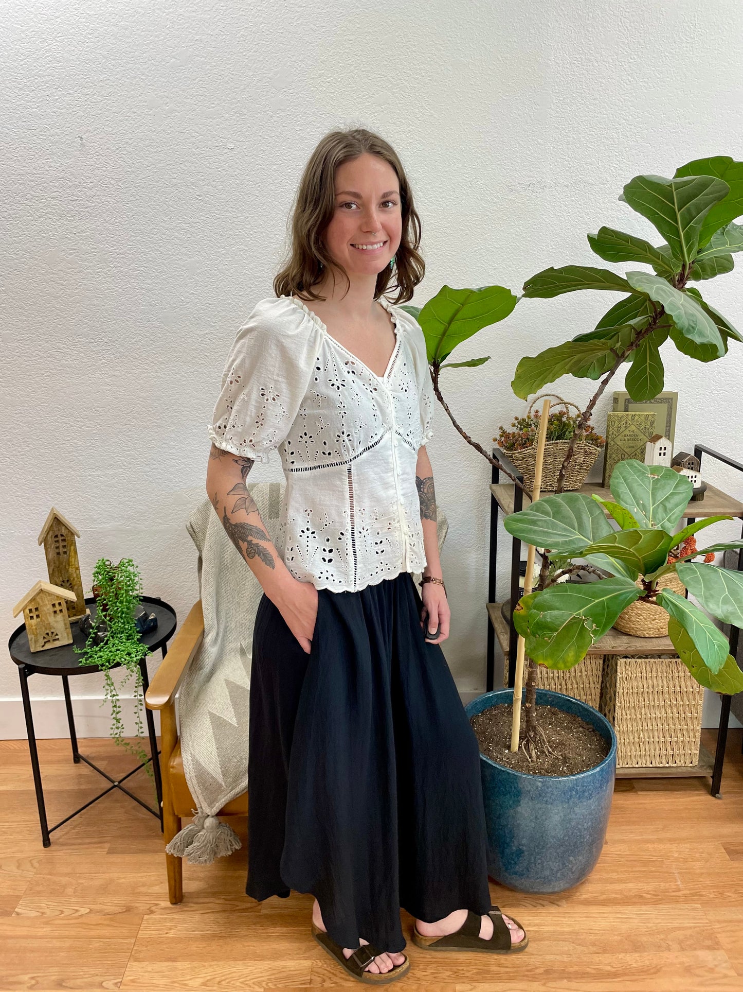 Black Smocked Midi Skirt
