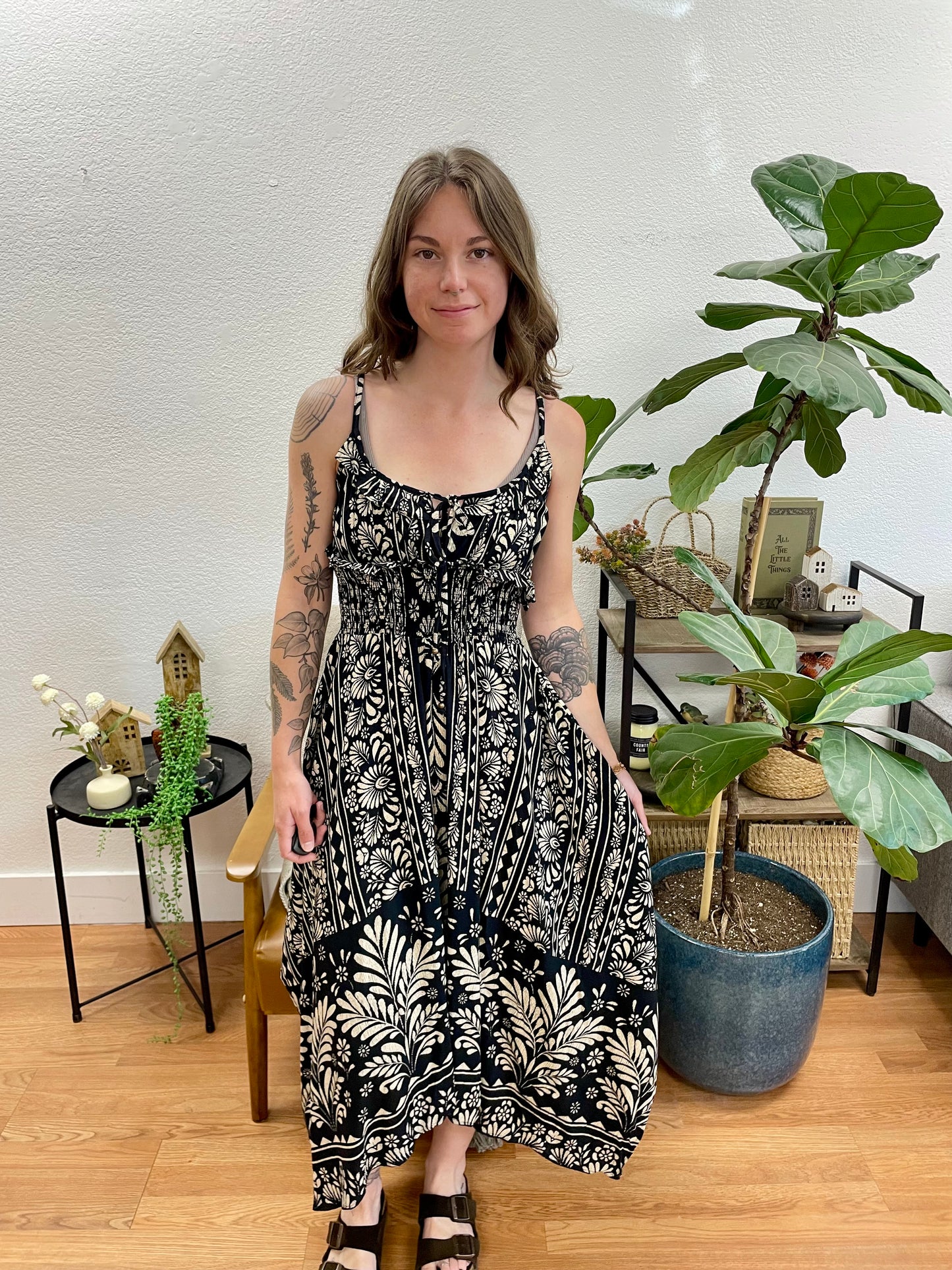 Black Scoop Neck Hanky Hem Dress