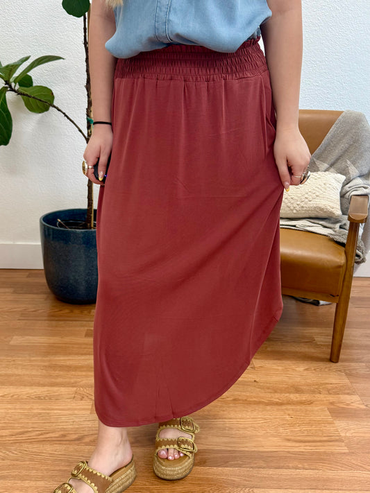 Rust Cupro Smocked Skirt