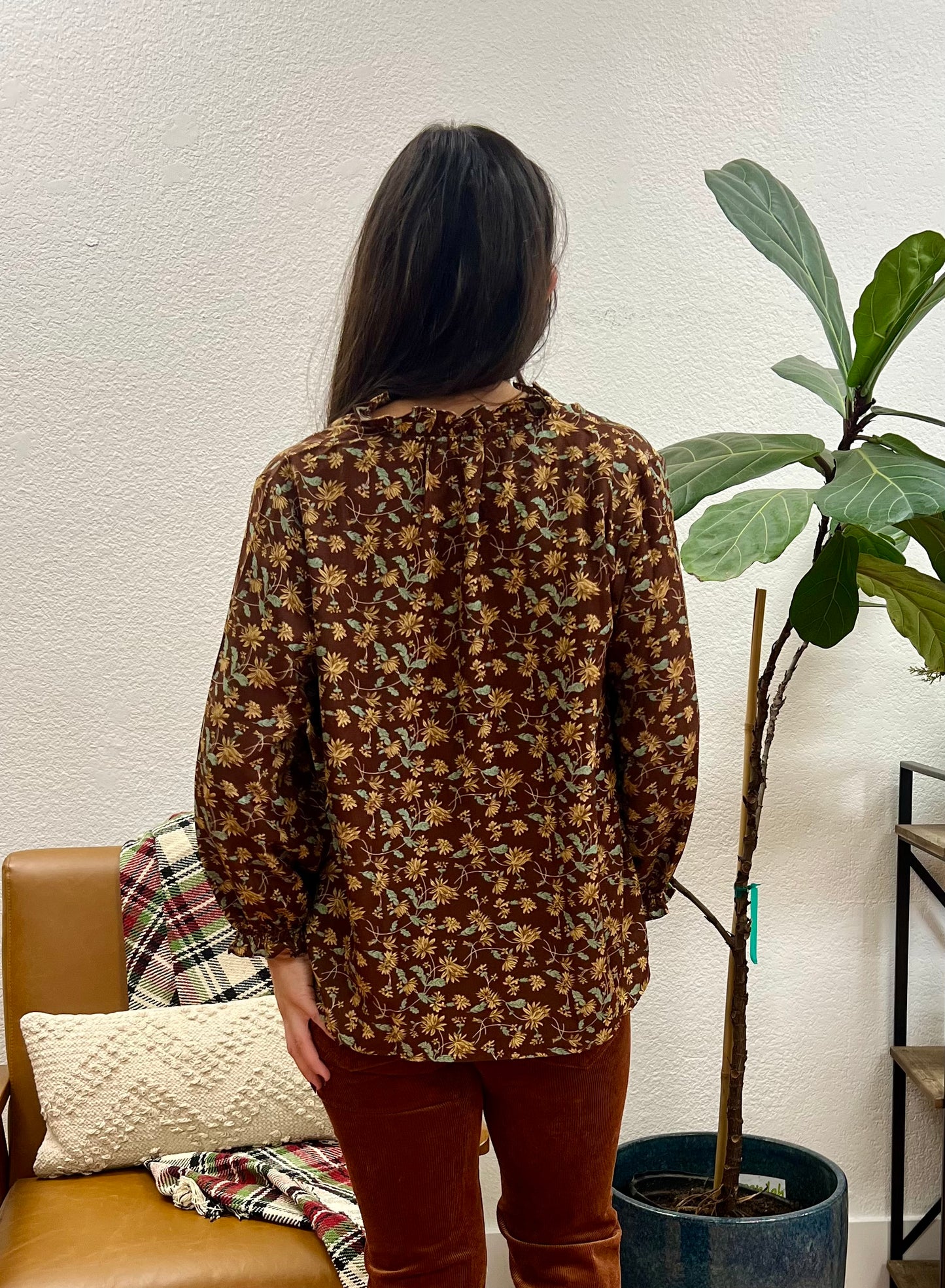 Brown Floral Long Sleeve Blouse