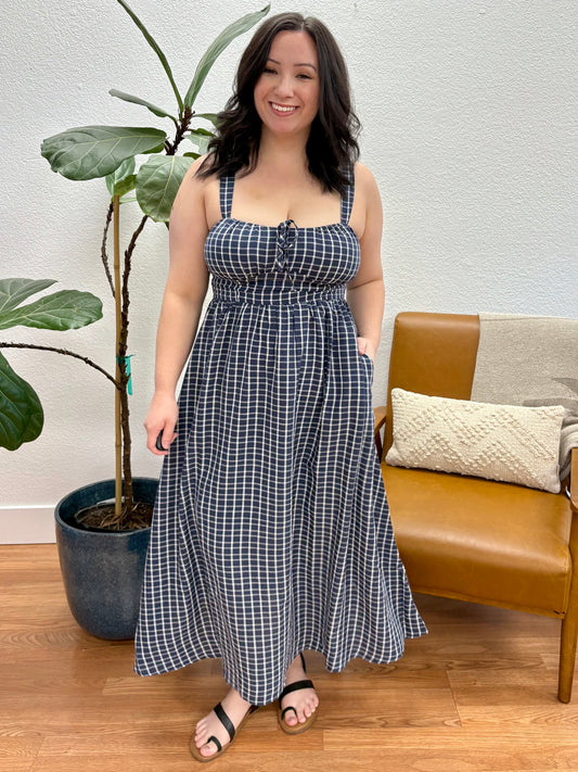 Navy Plaid Corset Midi Dress